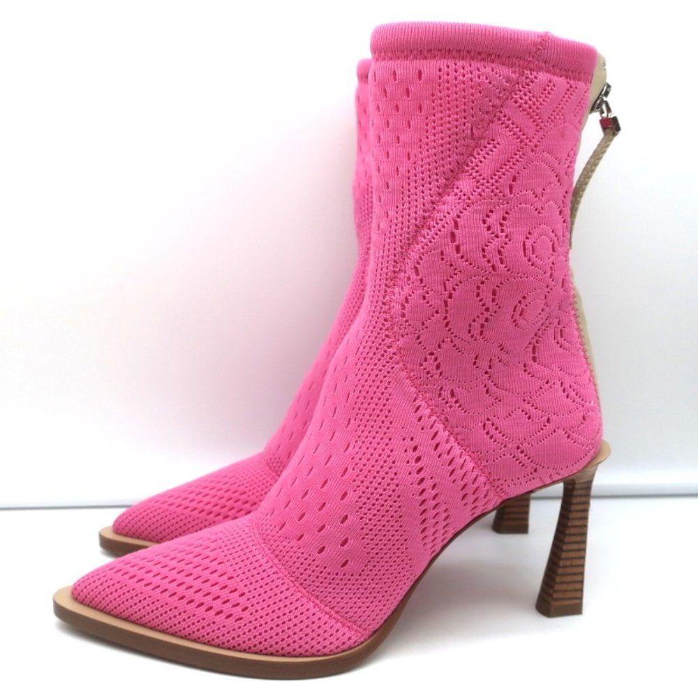 FENDI FFRAME JACQUARD MESH KNIT ANKLE BOOTS PINK SIZE 36 POINTED TOE HEEL - Picture 5 of 11